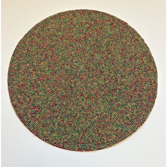 Grammercy Beaded Charger Placemat 15” Round Green Red Gold Beads Decor - Picture 1 of 5